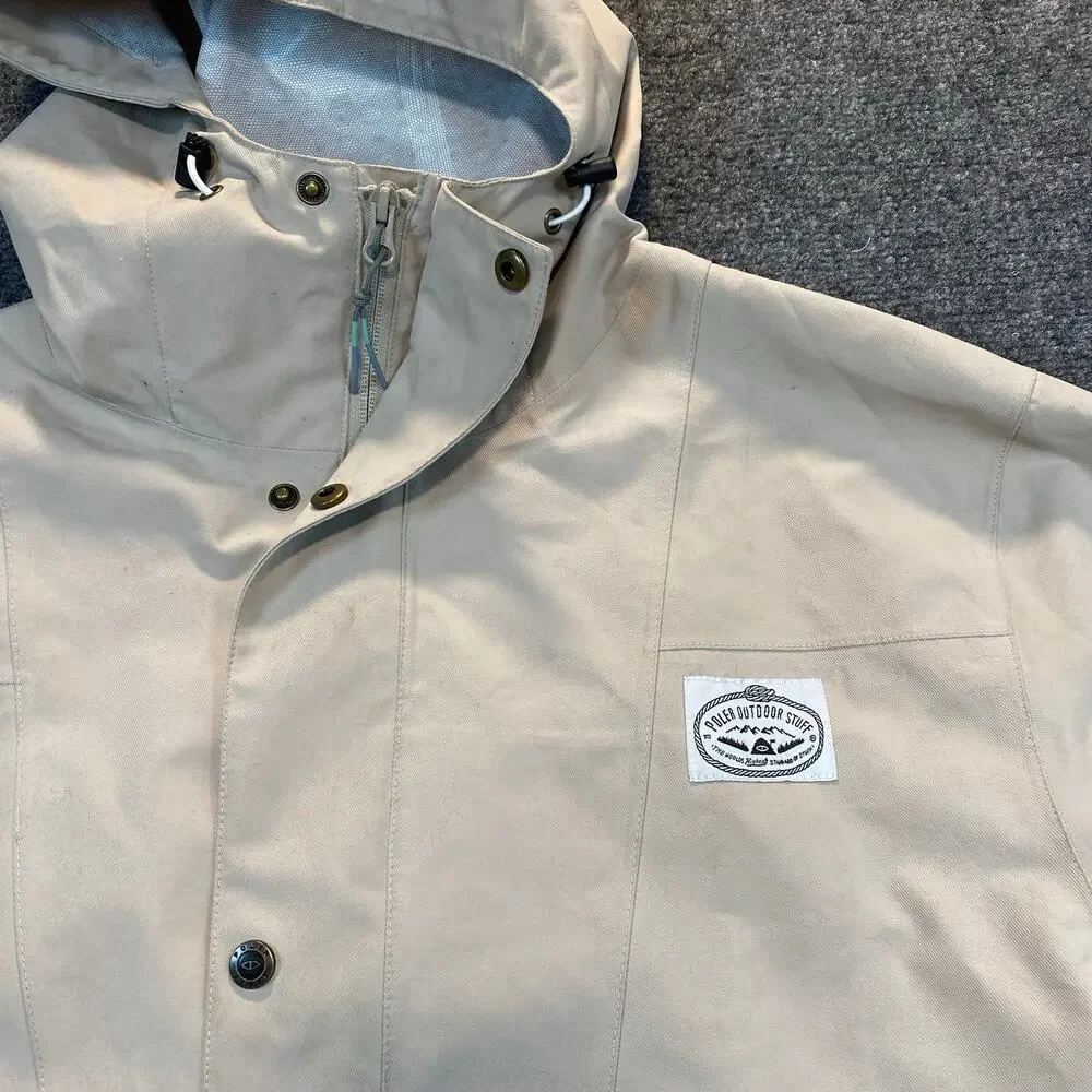Poler Camp Vibes Hooded Rain Jacket Mens XL Cream Water Resistant Coat Zip Snap - Picture 3 of 9